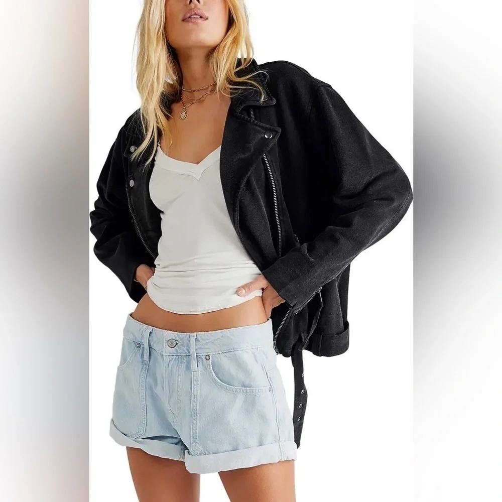 FREE PEOPLE Denim Moto Jacket in Black Rebel Rebel Knit Moto Jacket in Black NWT - Picture 2 of 10